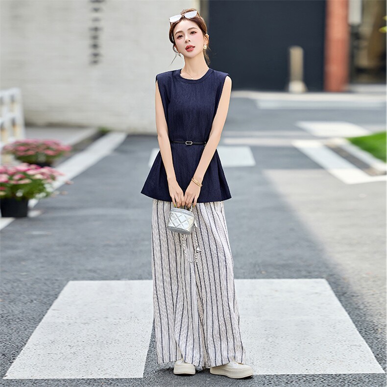 时尚条纹阔腿裤两件套女2025新款夏季无袖背心轻熟风休闲气质套装,女装套装/套裙,众宇琦