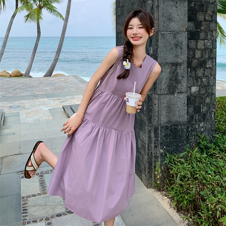 紫色无袖甜美连衣裙女2025年夏季新款小个子显瘦海边度假风背心裙,女装连衣裙,2C037