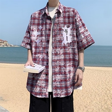 刺绣格子短袖衬衫男夏季五分袖宽松休闲翻领衬衣外套C99，男装衬衫，星座1116A-1（原606A）