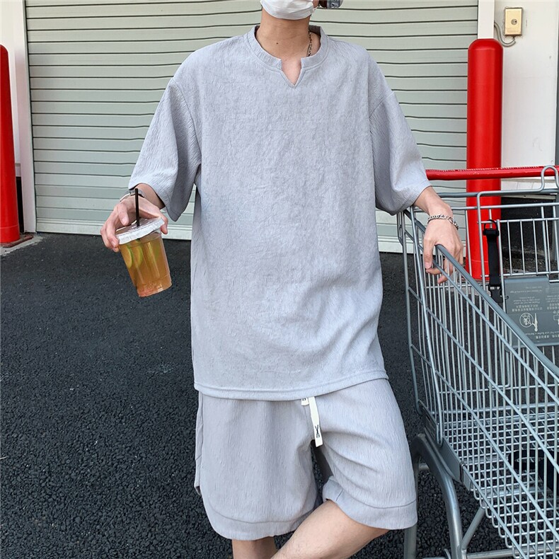 2026夏V领短袖冰丝T恤套装大码男纹理提花半袖TZ5677/特P45灰2,男装T恤,电商A094