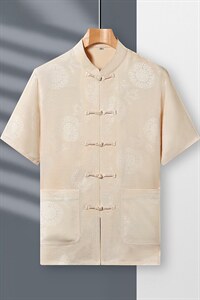 唐装男中老年短袖夏季薄款风爸爸套装绸男装图片