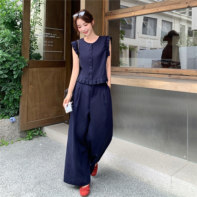 韩系木耳边无袖马甲套装女2025夏季新款气质显瘦百搭阔腿裤两件套,女装套装/套裙,浙宝208A