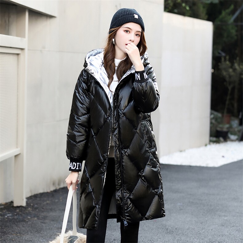 时尚保暖中长款亮面羽绒服女冬季新款修身显瘦外套，女装羽绒服，阿舍尔精品
