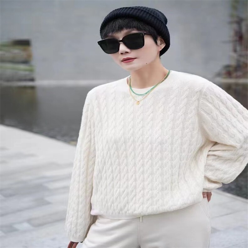 宽松显瘦麻花针织衫2024早秋新款女装韩版内搭打底衫,女装羊毛衫,旭驰羊绒