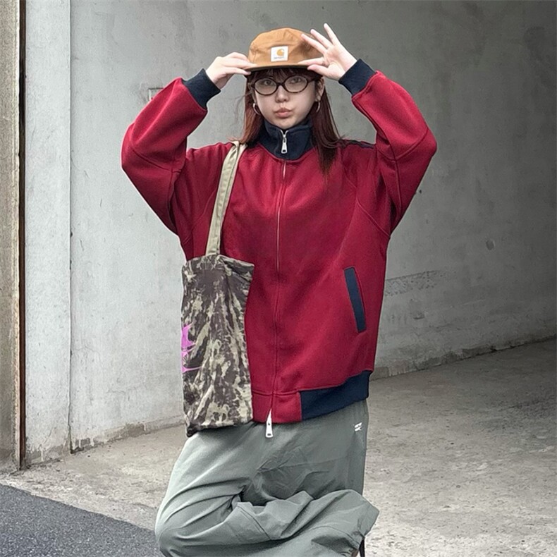 抖音得物高品质美式高街重磅结构设计拼接织带立领卫衣外套CM42,女装短外套,电商A486-1