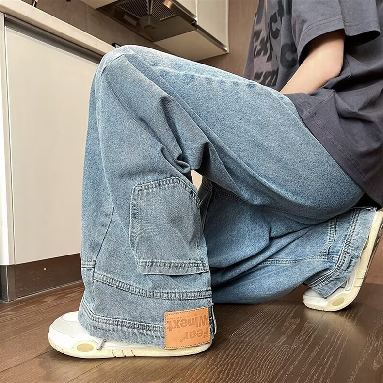 港风夏款男牛仔裤渐变色裤脚大口袋直筒宽松休闲长裤NK9171 P50图片