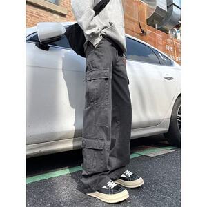 W8470-P58 网图 多口袋立体做旧微喇宽松休闲直筒口袋工装裤长裤图片