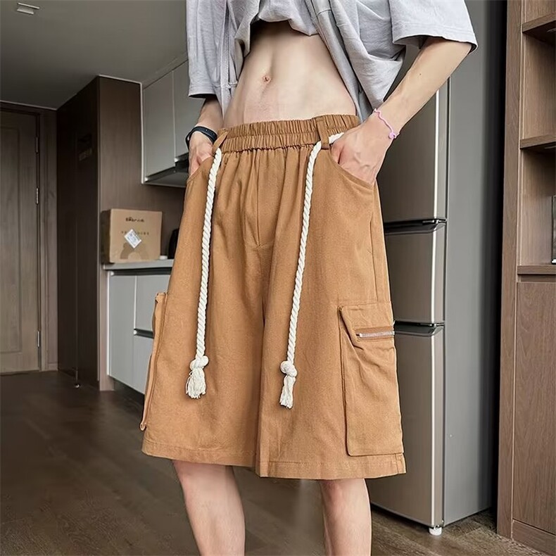 粉色拉链口袋拼接工装裤长裤男女同款潮阔腿松紧腰短裤D1075-P38,男装休闲裤,星座1109-3