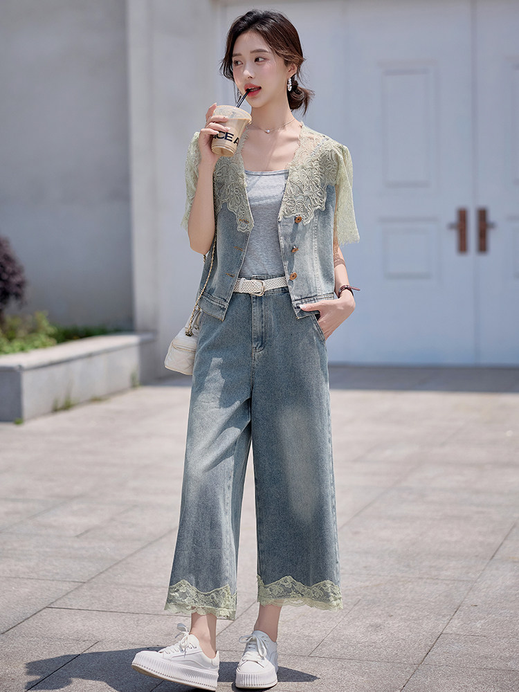 小香风蕾丝套装女2025夏日新款小个子时尚巨好看天丝牛仔两件套裤,女装套装/套裙,仟媚宠