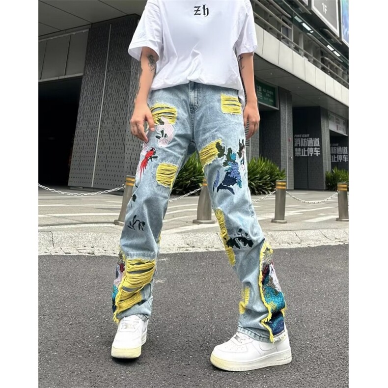新款港风美式高街嘻哈潮牌百搭拼色休闲牛仔裤K3303-P85图片