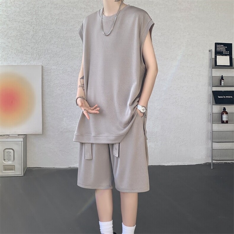 无袖T恤套装垂感冰丝背心大码穿搭衣服运动坎肩两件套TZ1706/P65,男装T恤,电商B238
