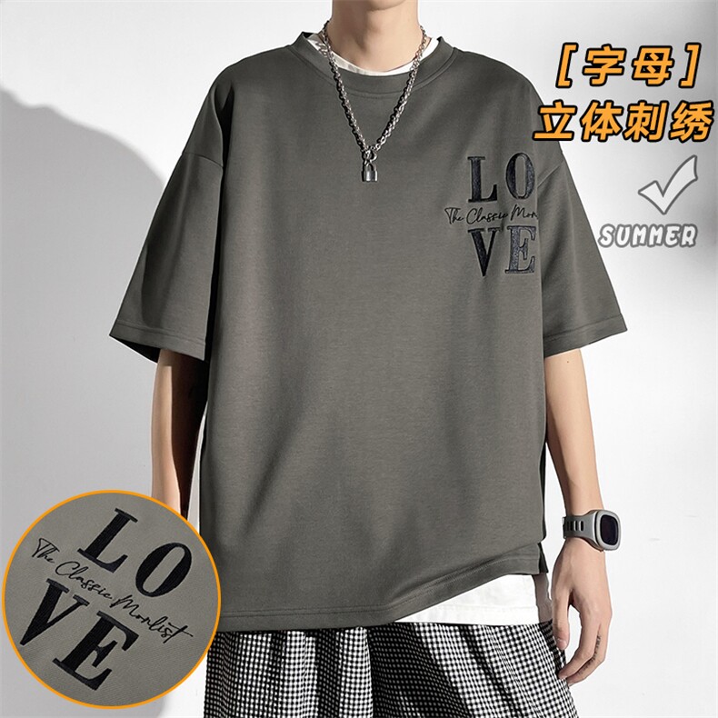 男士短袖港风白墙男t恤夏季休闲百搭刺绣圆领T恤男上衣TC3131-P25图片