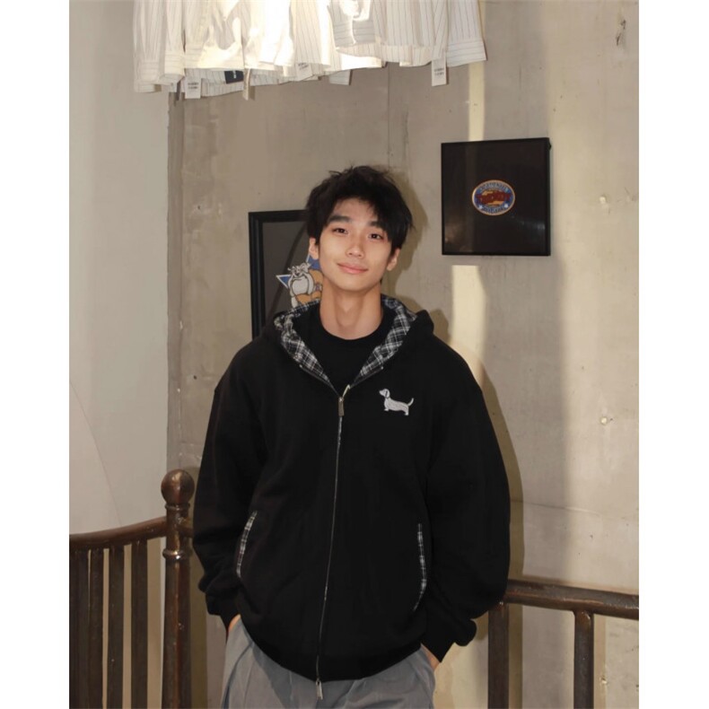 美式格纹拼接恒温暖皮卫衣开衫男秋冬季撞色拉链刺绣小狗连帽外套图片