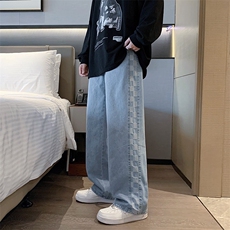 格子拼接潮牌侧边牛仔裤ins高街男炸街S-3XL休闲裤直筒K2048-P38，男装牛仔裤，星座512-3