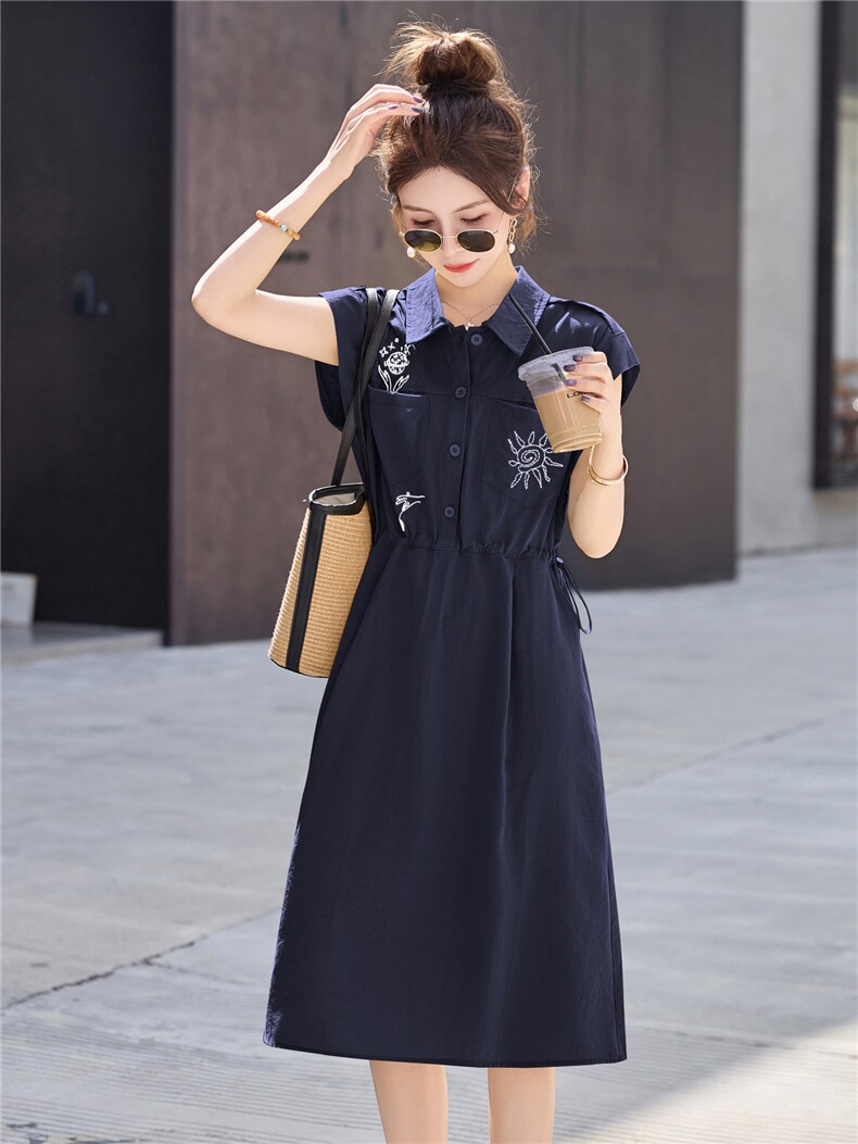 高级感刺绣翻领连衣裙女2025夏季新款减龄气质收腰显瘦休闲衬衫裙,女装连衣裙,意芙