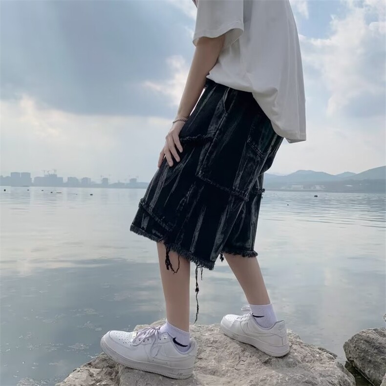 扎染牛仔短裤男夏季美式复古毛边五分裤潮牌潮流高街oversize裤子,男装牛仔裤,星座410-6（原星座1304-1）