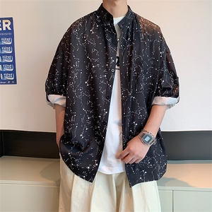 C9038/P35新款冰丝垂感立领星空衬衣男满天星衬衫男七分袖可调节图片
