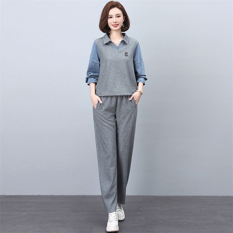 卫衣套装女款20245春秋新款休闲牛仔拼接翻领两件套,女装套装/套裙,忆绮罗