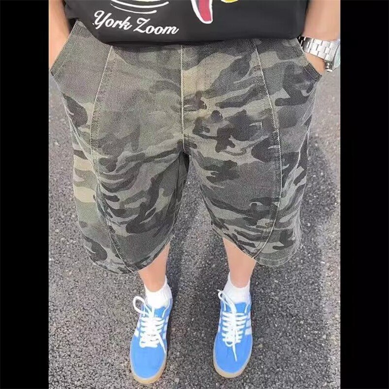 cleanfit迷彩牛仔短裤男夏季薄款美式复古解构裤子过膝工装五分裤图片