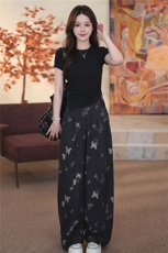 时尚休闲运动套装女夏季新款显瘦气质纯色圆领短袖上衣长裤两件套，女装套装/套裙，江南