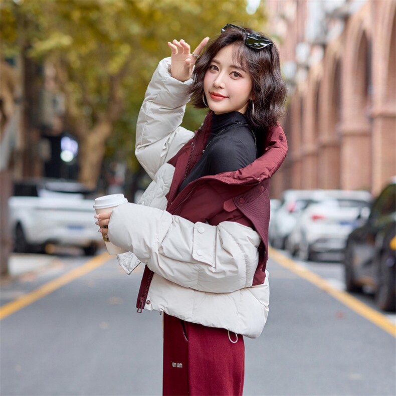 针织披肩撞色短款羽绒服女2024冬季新款宽松加厚设计感白鸭绒外套,女装羽绒服,雅静靓衣