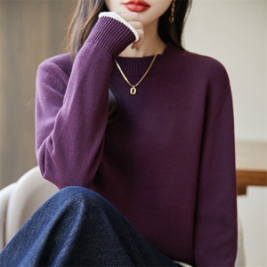 2025秋新款法式撞色100%纯棉针织衫宽松休闲打底衫女毛衣保暖加厚图片
