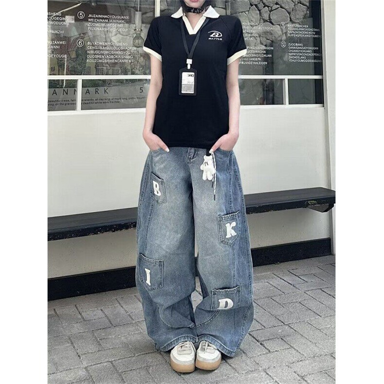 街头Vibe复古水洗多口袋弯刀牛仔裤做旧男女拖地宽松长裤 NS4128图片