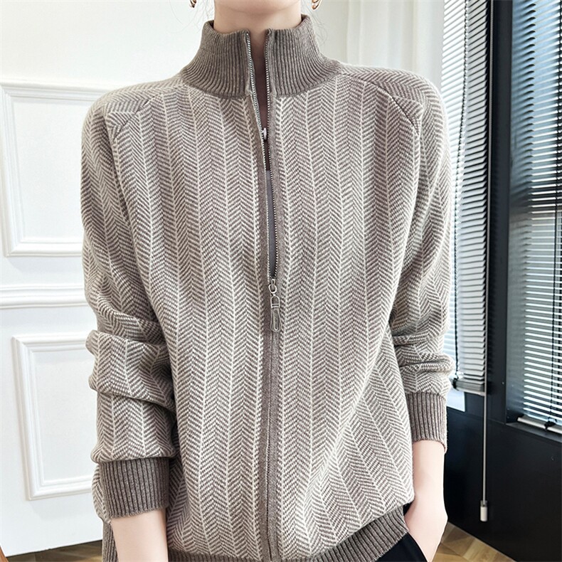 秋冬半高领羊毛衫拼色人字提花开衫女宽松慵懒羊绒针织外套上衣，女装羊毛衫，朝辰羊绒