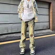 夏季黄泥色膝盖破洞牛仔裤男显瘦水洗做旧百搭长裤高街男女款潮牌，男装牛仔裤，星座506A