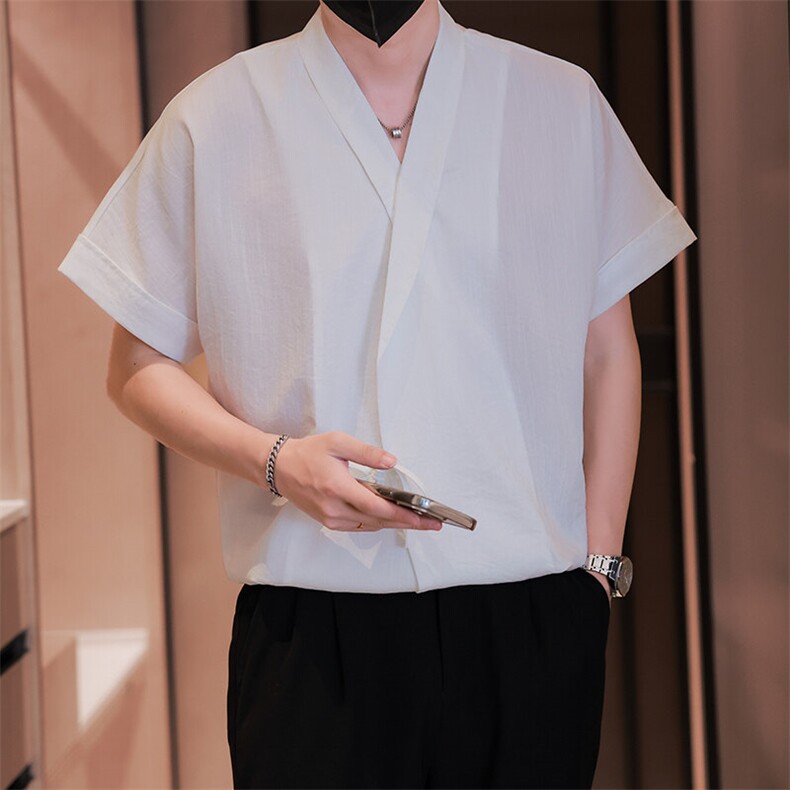小伙无领纯色衬衫男休闲宽松风刺绣衬衣轻熟风A236-82577-P55图片