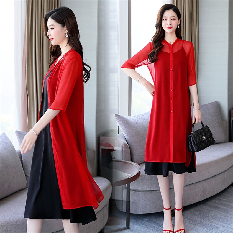 2218夏薄款防晒桑蚕丝五分袖开叉侧摆真丝长款单排开衫外披连衣裙，女装衬衫，阿舍尔精品