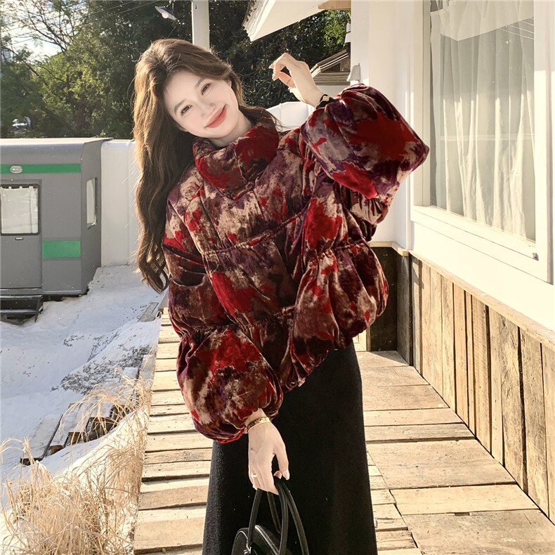 丝绒印花晕染红色羽绒服短款灯笼袖2C206-L666-P275-K398,女装羽绒服,2C206