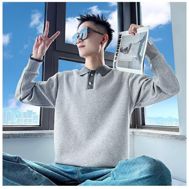 1506/QM320/P46假两件撞色拼接衬衫领长袖T恤男款宽松休闲,男装T恤,星座1506
