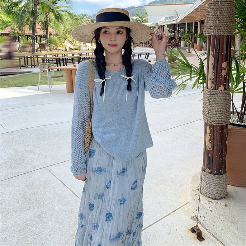 韩系蓝色针织衫碎花半身裙套装女2025春季新款高级感气质两件套潮,女装套装/套裙,浙宝305