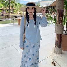 韩系蓝色针织衫碎花半身裙套装女2025春季新款高级感气质两件套潮，女装套装/套裙，浙宝305