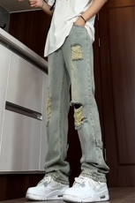 B221美式ins高街暗黑系小众拉链直筒破洞牛仔裤LK23073-P65控88，男装牛仔裤，电商B221