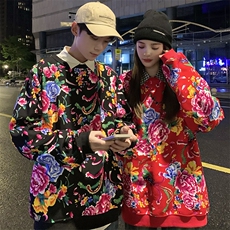 B203情侣东北大花圆领套头卫衣汉服男女团队服加绒保暖防寒班服潮，男装卫衣，星座115A(原星座507）