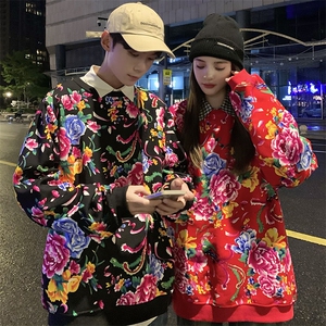 B203情侣东北大花圆领套头卫衣汉服男女团队服加绒保暖防寒班服潮图片