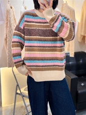 羊绒衫女秋冬新款圆领条纹拼色宽松毛衣百搭时尚针织打底衫，女装羊绒衫，大千羊绒