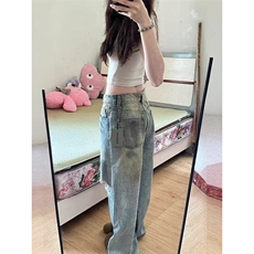 破洞牛仔裤2025新款春夏款美式复古水洗做旧直筒阔腿宽松脏脏裤，男装牛仔裤，星座601-1