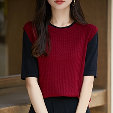 春秋精纺羊毛针织短袖女圆领拼色扭花T恤宽松拼色假两件半袖上衣，女装羊毛衫，暖烁羊绒