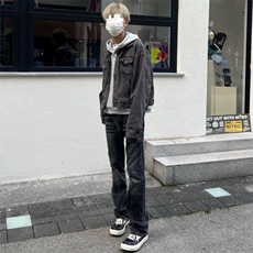 W11065-P48网图现货春季新款美式高街复古水洗黑灰色弹力牛仔裤，男装牛仔裤，星座1608