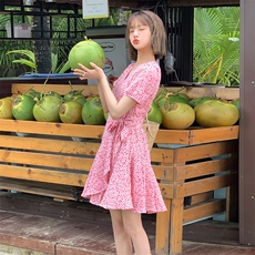 时尚甜美粉色碎花连衣裙修身显瘦V领短袖裙装夏季新款女装支持退换货，女装连衣裙，灵力轩