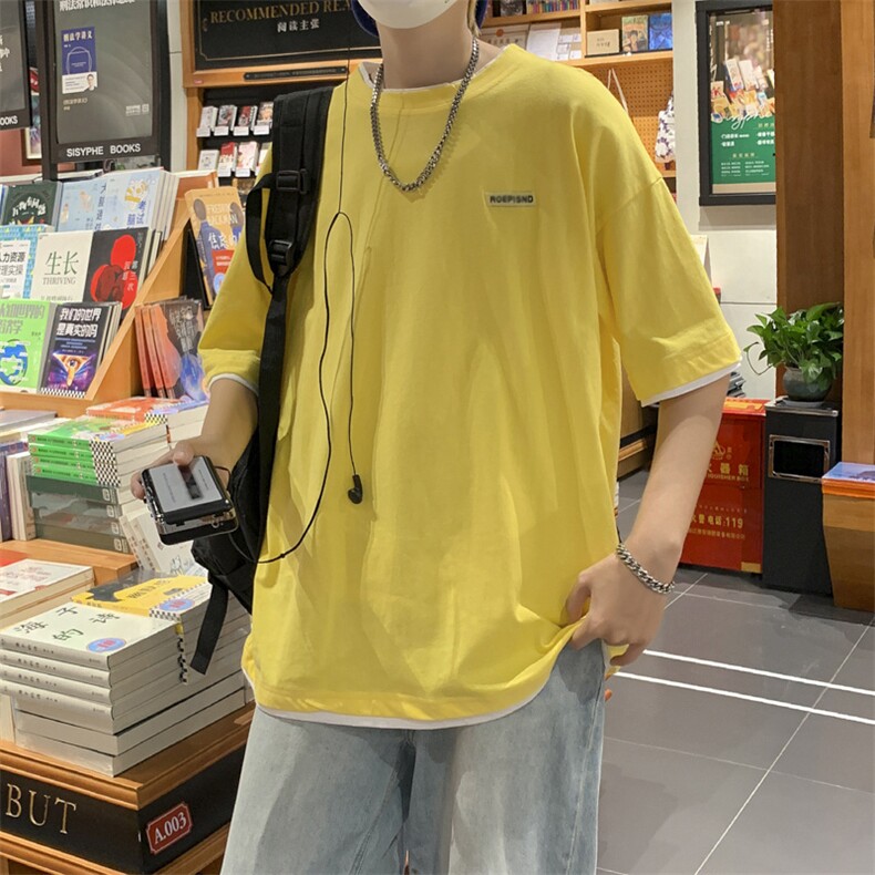 短袖T恤男夏季假两件潮牌宽松圆领青少年情侣款运动休闲短袖上衣图片
