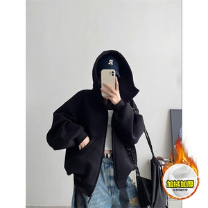 480G重磅加绒硬挺boxy 男女秋冬美式高街防风高领卫衣开衫厚外套,女装短外套,电商A486