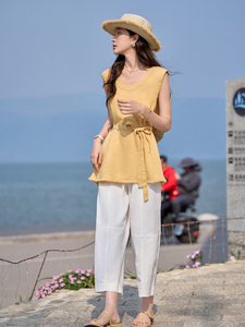 通勤出街气质棉麻两件套女2025夏季新款韩版长裤上衣搭配套装图片