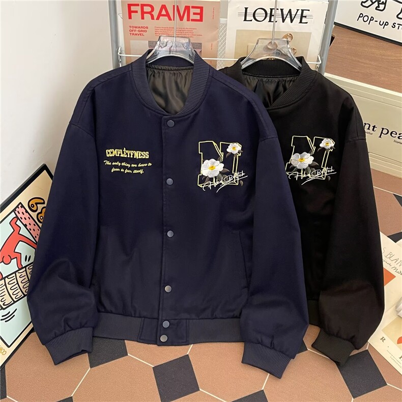 山茶花刺绣美式棒球服男秋冬高街潮牌痞帅休闲飞行夹克衫外套,男装夹克,星座601-1