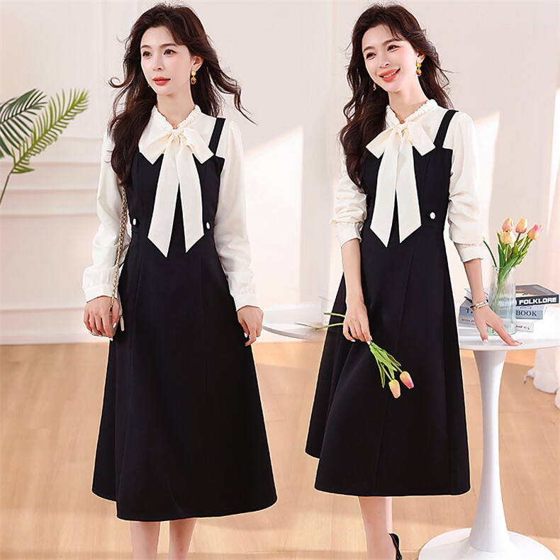 现货2025年春换新季新金典时尚甜美收腰显瘦假两件拼色连衣裙女装，女装连衣裙，艾贝斯