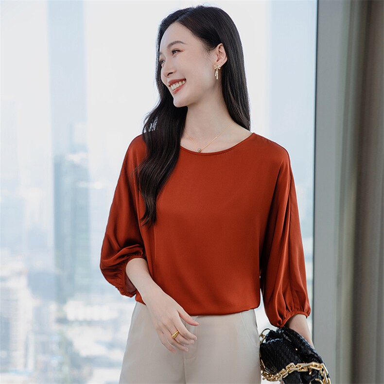 纯色真丝上衣女七分袖2026春夏宽松中袖中年妈妈装真丝T恤小衫，女装衬衫，阿舍尔精品