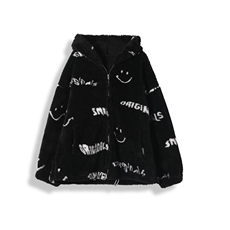 2021年冬季新款笑脸字母羊羔毛长袖立领宽松修闲仿皮草外套女，女装皮草，潮品会